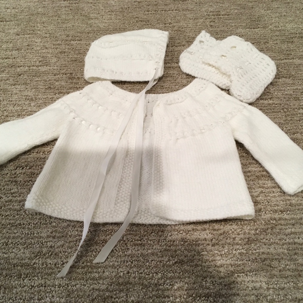 Vintage Hand knitted baby sweater, hat and booties